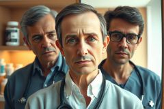 Three doctors in scrubs and a lab coat stand in a medical setting. Focus on the lead doctor, with a concerned expression, in a brightly lit environment. Healthcare professionals, medical team, hospital scene.