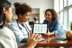 Doctor presenting tablet to patient during consultation. Healthcare professional discussing diagnosis or treatment plan in a modern office setting. Warm lighting and a friendly atmosphere.
