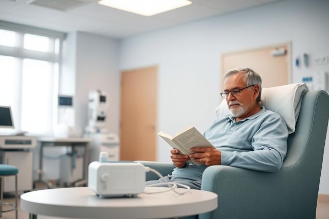 Senior man reading a book while resting in a hospital chair. He wears glasses and is connected to a medical device. The setting is a clean, modern hospital room with blue walls and medical equipment visible in the background, suggesting patient care and recovery.
