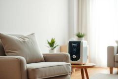 Modern living room scene featuring an air purifier on a wooden side table next to a comfortable beige armchair. Bright, airy space with white walls, sheer curtains and lush greenery. Focus on clean design and healthy home environment. Air quality, home decor, indoor plants.