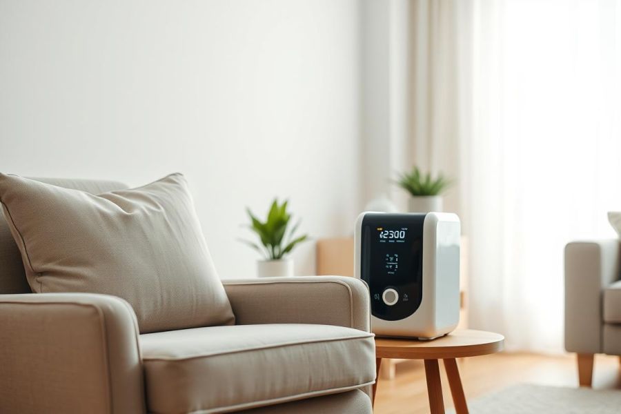 Modern living room scene featuring an air purifier on a wooden side table next to a comfortable beige armchair. Bright, airy space with white walls, sheer curtains and lush greenery. Focus on clean design and healthy home environment. Air quality, home decor, indoor plants.