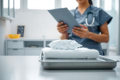Clean linens and medical supplies on a silver tray in a healthcare setting. A blurred medical professional in scrubs is visible in the background. Focus on hygiene and patient care.