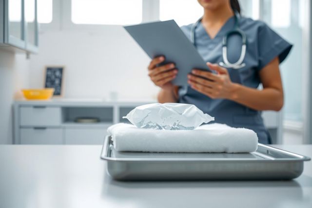 Clean linens and medical supplies on a silver tray in a healthcare setting. A blurred medical professional in scrubs is visible in the background. Focus on hygiene and patient care.