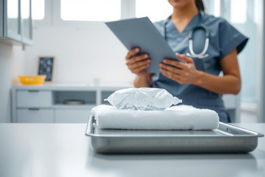 Clean linens and medical supplies on a silver tray in a healthcare setting. A blurred medical professional in scrubs is visible in the background. Focus on hygiene and patient care.