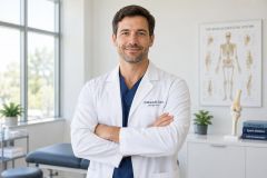 Orthopedic physician in clinic standing confidently with knee model and anatomical poster, exam table visible.