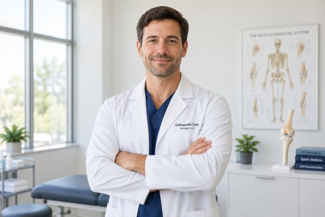 Orthopedic physician in clinic standing confidently with knee model and anatomical poster, exam table visible.