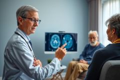 Doctor explains MRI scan results to elderly couple in a medical office. Healthcare consultation, diagnosis, and patient care concept.