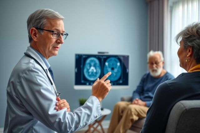 Doctor explains MRI scan results to elderly couple in a medical office. Healthcare consultation, diagnosis, and patient care concept.