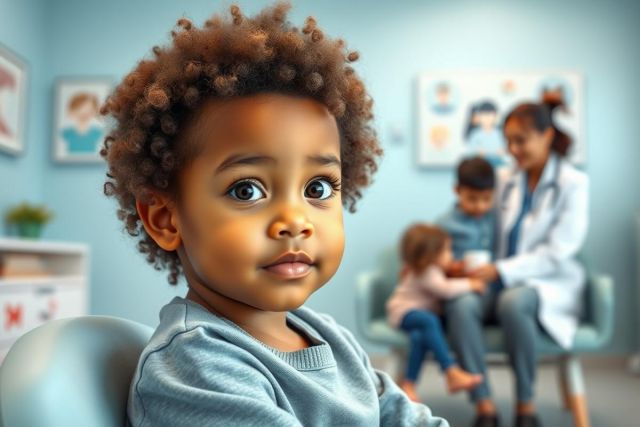 Close-up portrait of a young Black child in a doctor's office. Soft blue walls and framed artwork create a calming environment. A doctor and other children are visible in the background, suggesting a pediatric healthcare setting. Focus on child's face, natural hair, and gentle expression.