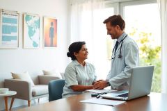 The image shows a professional setting with two individuals, likely doctors or medical professionals. They are shaking hands across a desk in an office environment. 