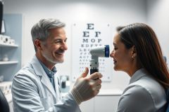 Eye exam in a clinic. An optometrist uses an ophthalmoscope to examine a patient's eye. The scene features a modern medical environment with a vision chart, showcasing healthcare and eye care services. The colors are muted blues and whites.