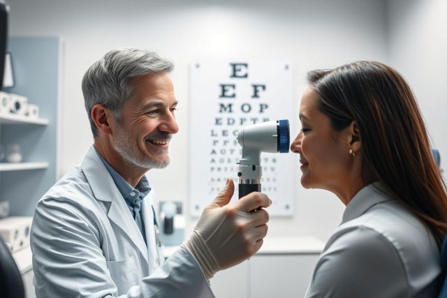 Eye exam in a clinic. An optometrist uses an ophthalmoscope to examine a patient's eye. The scene features a modern medical environment with a vision chart, showcasing healthcare and eye care services. The colors are muted blues and whites.