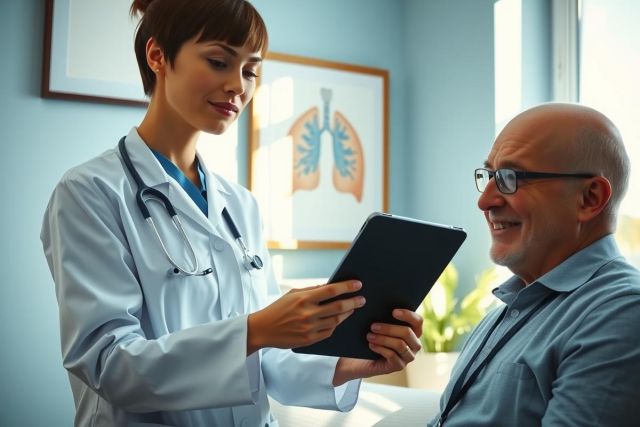 Doctor examining a patient in a clinic, using a tablet. Healthcare professional consultation, medical checkup, digital health records, modern medical practice.
