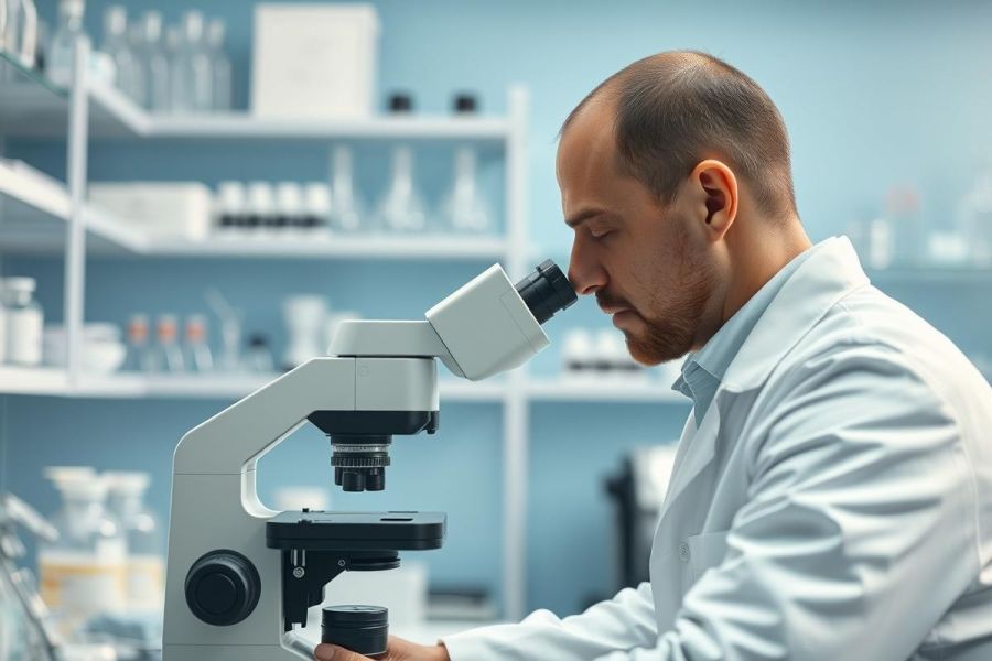 Scientist examining a sample through a microscope in a modern laboratory. The image features a man wearing a lab coat, focused on his research with equipment in a clean, blue-toned environment. Science, research, laboratory, microscopy, and medical concepts are present.