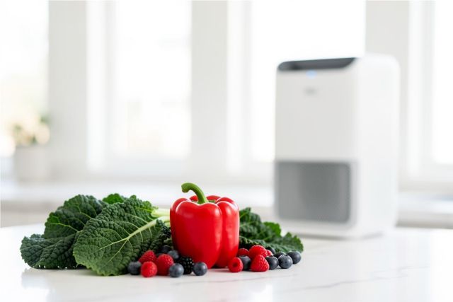 Fresh red bell pepper, green kale, and assorted berries sit on a white marble countertop in a bright, sunlit kitchen. A modern white air purifier is softly blurred in the background, highlighting a clean, healthy lifestyle and a fresh indoor environment.
