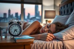 A woman lies in bed at night. The room has a large window offering an urban skyline view at dusk. A clock, books, and a glass of water are beside her on the nightstand.