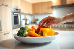 Close-up of a plate of colorful vegetables, including broccoli, carrots, and bell peppers, on a kitchen counter. A hand reaches for a pepper. Healthy food preparation.