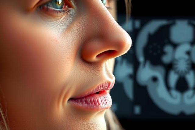 The image features a close-up of a woman's face looking down, overlaid with medical imaging that appears to be an X-ray or MRI scan. The woman has light skin and is wearing makeup. There are digital patterns suggesting technology or medical analysis context.