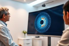 Doctor examining eye scan on a screen in a medical clinic. Blue and orange hues highlight the detailed iris image. Healthcare professional reviewing patient's eye health during an eye exam.