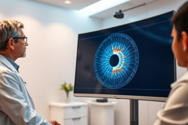 Doctor examining eye scan on a screen in a medical clinic. Blue and orange hues highlight the detailed iris image. Healthcare professional reviewing patient's eye health during an eye exam.