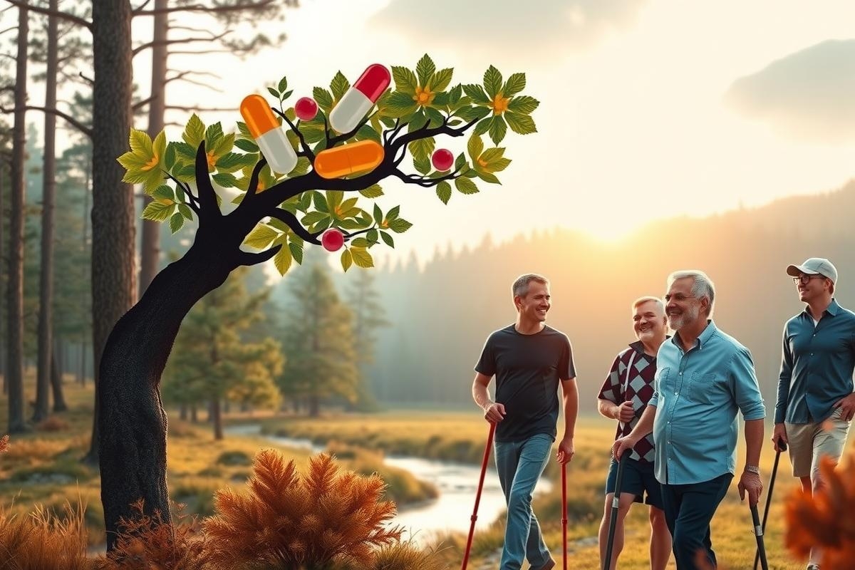 An image depicting a group of elderly men outdoors, standing under the shade of a tree. The sky is clear and blue suggesting it's a sunny day. There are two hiking poles visible in the scene, indicating that they may be on a walking trip or adventure. In the foreground, there are pills and medicine bottles superimposed onto a leafy branch of the tree, which is unusual and not a part of the natural setting.