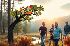 An image depicting a group of elderly men outdoors, standing under the shade of a tree. The sky is clear and blue suggesting it's a sunny day. There are two hiking poles visible in the scene, indicating that they may be on a walking trip or adventure. In the foreground, there are pills and medicine bottles superimposed onto a leafy branch of the tree, which is unusual and not a part of the natural setting.