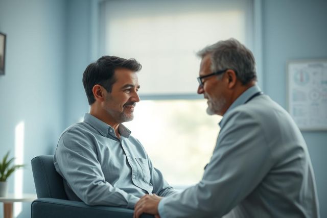 Doctor and patient consultation in a bright, modern medical office. A man sits facing a doctor with glasses, engaged in a discussion. Blue and gray tones dominate the scene, conveying a professional and reassuring healthcare setting.