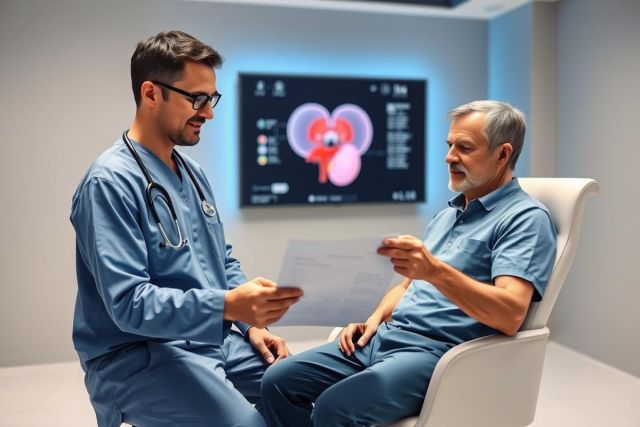 Doctor consults with a patient in a modern medical clinic. A heart scan is displayed on a screen behind them. Blue and grey tones dominate the scene, depicting a healthcare consultation and cardiology examination.