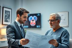 Doctor consults with a senior patient in a modern medical office. The image shows a young doctor in a suit reviewing documents with an older man, with a medical scan displayed on a screen behind them. Blue and neutral tones dominate the scene, conveying a professional healthcare setting.