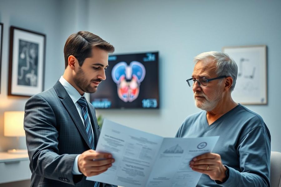 Doctor consults with a senior patient in a modern medical office. The image shows a young doctor in a suit reviewing documents with an older man, with a medical scan displayed on a screen behind them. Blue and neutral tones dominate the scene, conveying a professional healthcare setting.