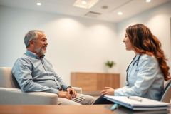 Doctor consults with a male patient in a bright, modern medical office. Warm, neutral colors dominate the scene. Healthcare, consultation, and patient care are key themes. Focus on professional medical interaction.