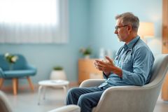 Senior doctor in blue shirt and stethoscope sits in a modern, light blue room, seemingly explaining something. The interior features comfortable chairs and a calming atmosphere, suggesting a healthcare consultation or therapy setting. Focus on patient care and medical professional.