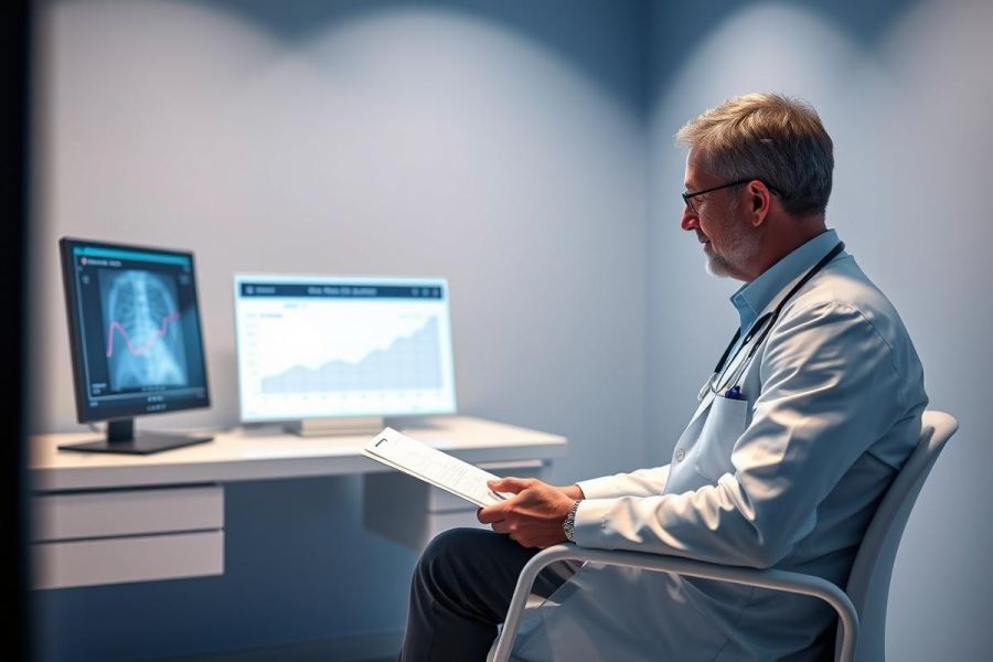 Doctor reviewing medical imaging and data in a clinical setting. The image shows a male physician in a white coat examining a chest x-ray on a computer screen alongside a graph, suggesting diagnostic analysis and healthcare.