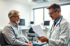 Doctor examining a senior patient in a modern clinic. The image shows a healthcare professional reviewing medical results with an elderly man, highlighting patient care and medical consultation in a bright, professional setting. Focus on health, wellness, and senior care.