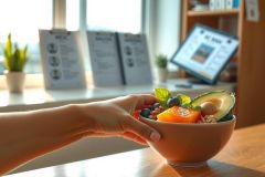 Close-up of a hand holding a colorful smoothie bowl with fruit, avocado, and chia seeds. Bright and healthy breakfast food in a modern kitchen setting with a window view. 