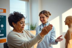 A doctor examines a patient in a brightly lit medical office. The patient is gesturing while the doctor listens attentively. Focus on healthcare, examination, and patient care.