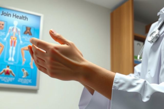 Doctor, standing near a medical chart displaying anatomical illustrations. Focus is on the doctor's hands and lab coat, suggesting a healthcare consultation or assessment.