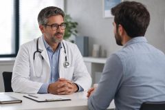 Doctor consulting with adult patient in clinic, discussing respiratory treatment and care plan.
