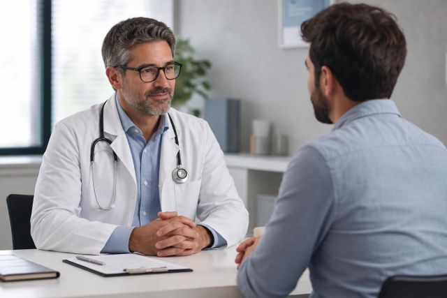 Doctor consulting with adult patient in clinic, discussing respiratory treatment and care plan.