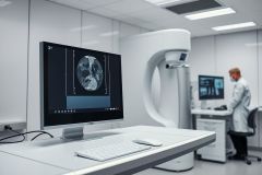 Medical imaging in a modern clinic. An MRI scan displayed on a monitor with a doctor reviewing results. Clean, white environment with advanced diagnostic equipment. Focus on healthcare technology and radiology.