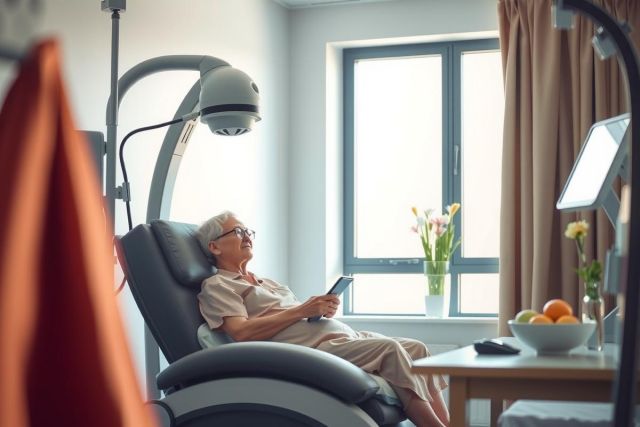 An elderly person is seated in a medical chair, possibly for treatment or therapy. The environment suggests it's a modern healthcare facility, equipped with medical devices. A table nearby has personal items like a bowl and an orange on it.