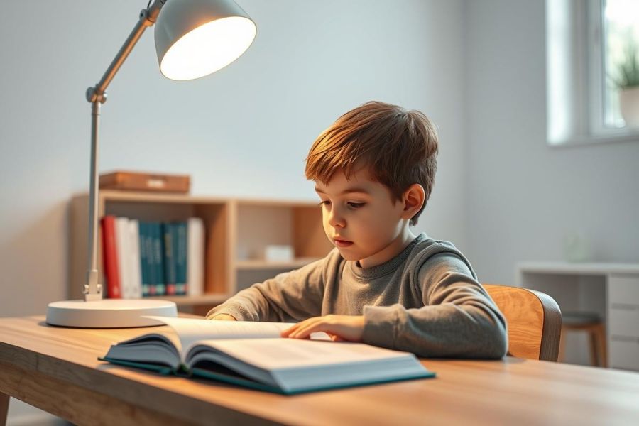 Young boy intently reading a book at a wooden desk under a bright lamp. Cozy home study setting with shelves of books. Warm lighting and neutral colors create a focused learning environment. Child education, homework, reading time.