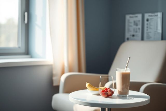 Hospital room scene featuring a small table with a banana, strawberries, and a smoothie. Soft natural light streams through a window, illuminating a beige chair and grey walls. Focus on healthy recovery food and a calm, supportive environment. 