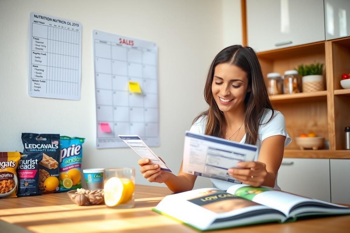 The image shows a woman in a kitchen, holding an item of paperwork. She appears to be reviewing or studying something that might be related to her work or personal interest.