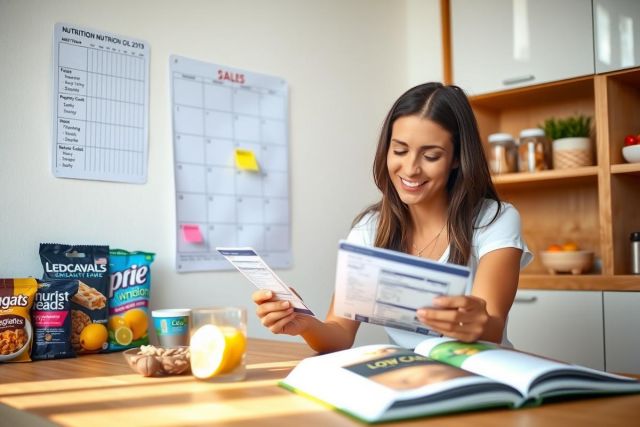 The image shows a woman in a kitchen, holding an item of paperwork. She appears to be reviewing or studying something that might be related to her work or personal interest.