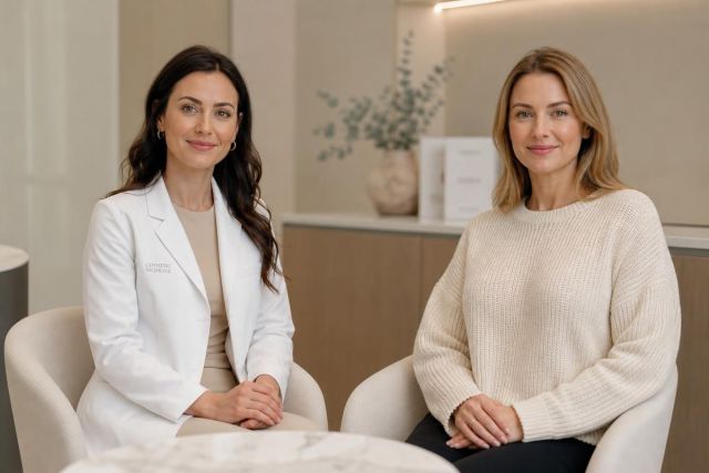Clinician and patient seated in a calm cosmetic clinic consultation setting, discussing treatment options.