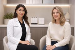 Doctor and patient seated in a calm cosmetic clinic consultation area discussing treatment options.