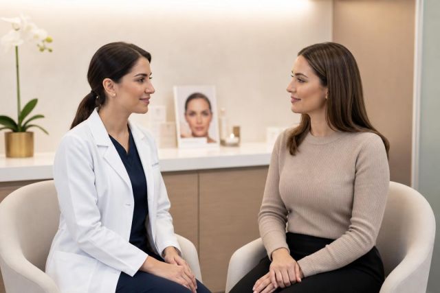 Clinician consulting a patient in a calm cosmetic clinic consultation room, discussing treatment options.