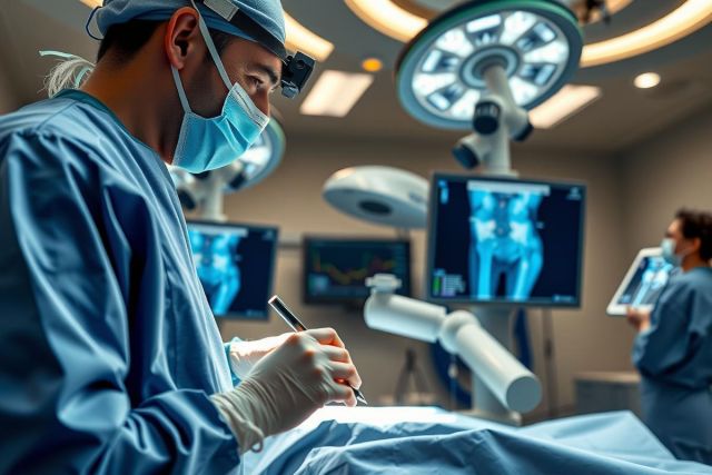 Surgeon performing a procedure in an operating room. The image shows medical technology, a surgical team, and patient care, with blue hues and focus on precision.