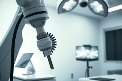 Close-up of surgical microscope in a medical operating room. Sterile environment with bright lights and monitors visible. Focus on precision and detail in a clinical setting.